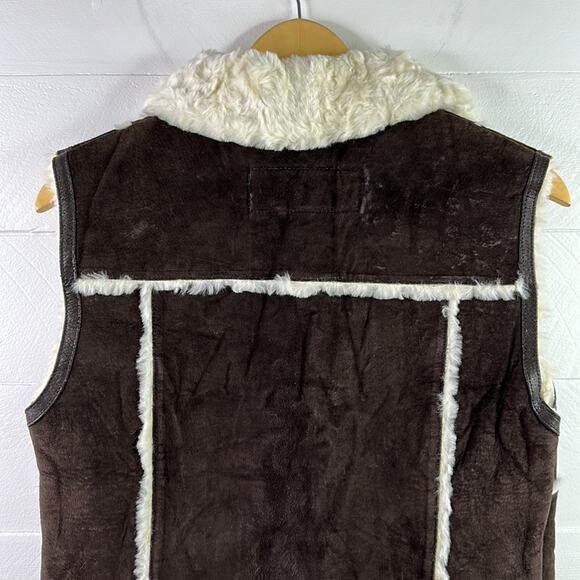 STEVE MADDEN Brown Leather Cream Fur Zip Up Vest Jacket Size Medium - Picture 3 of 11